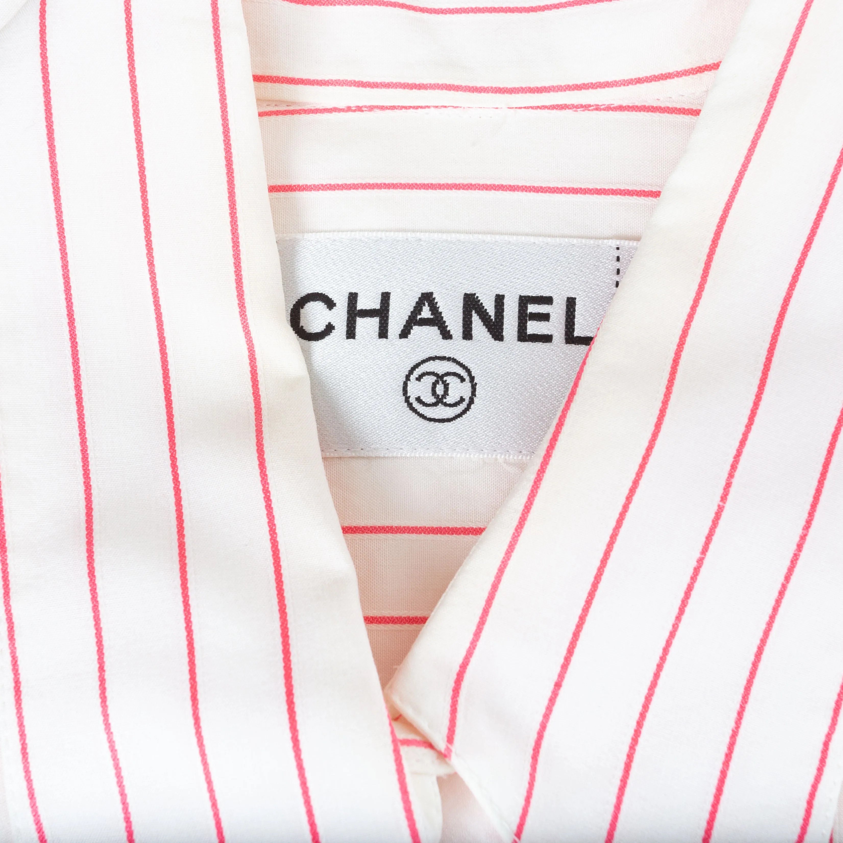 2002 White Cotton Pink Striped CC Button Up Ruffled Shirt