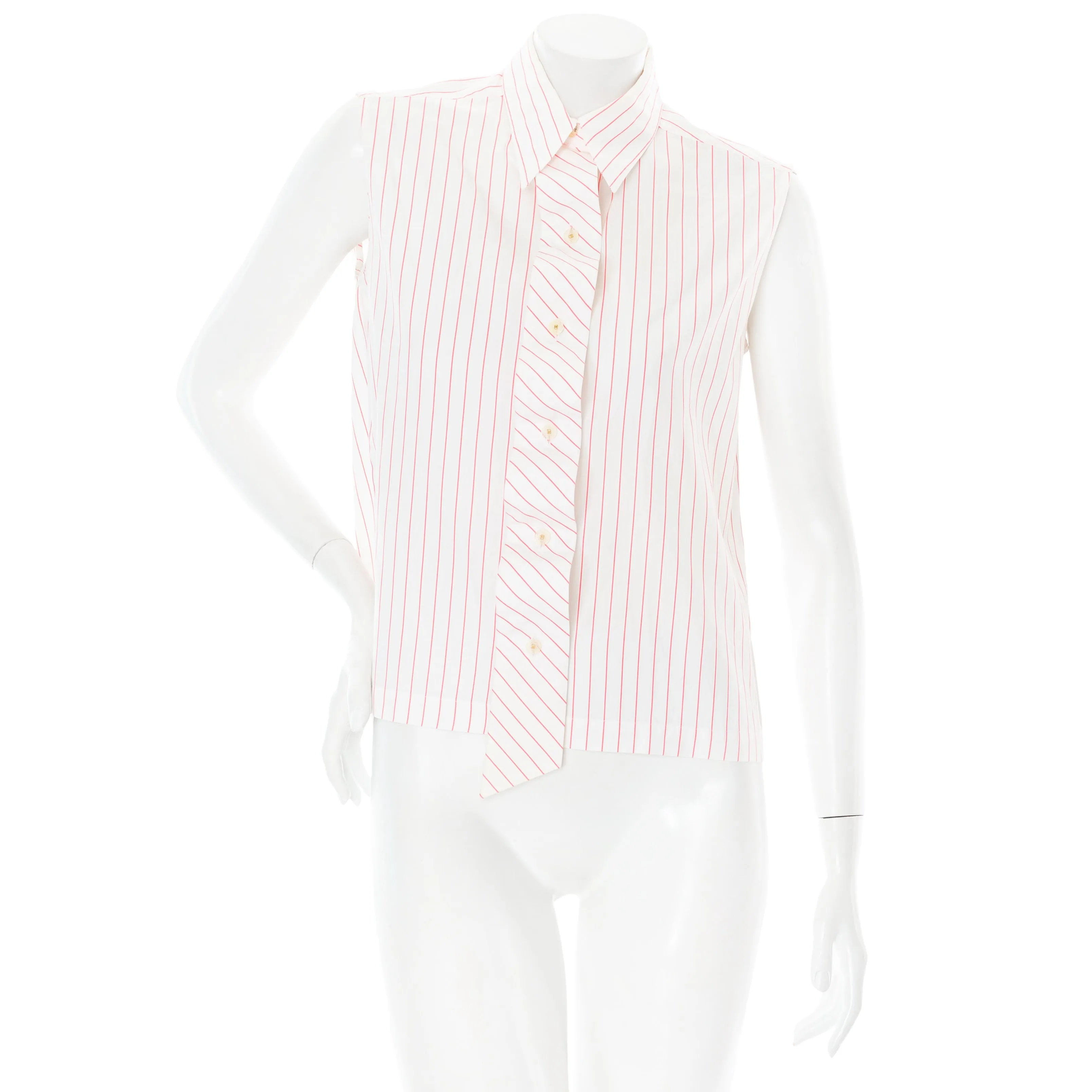 2002 White Cotton Pink Striped CC Button Up Ruffled Shirt