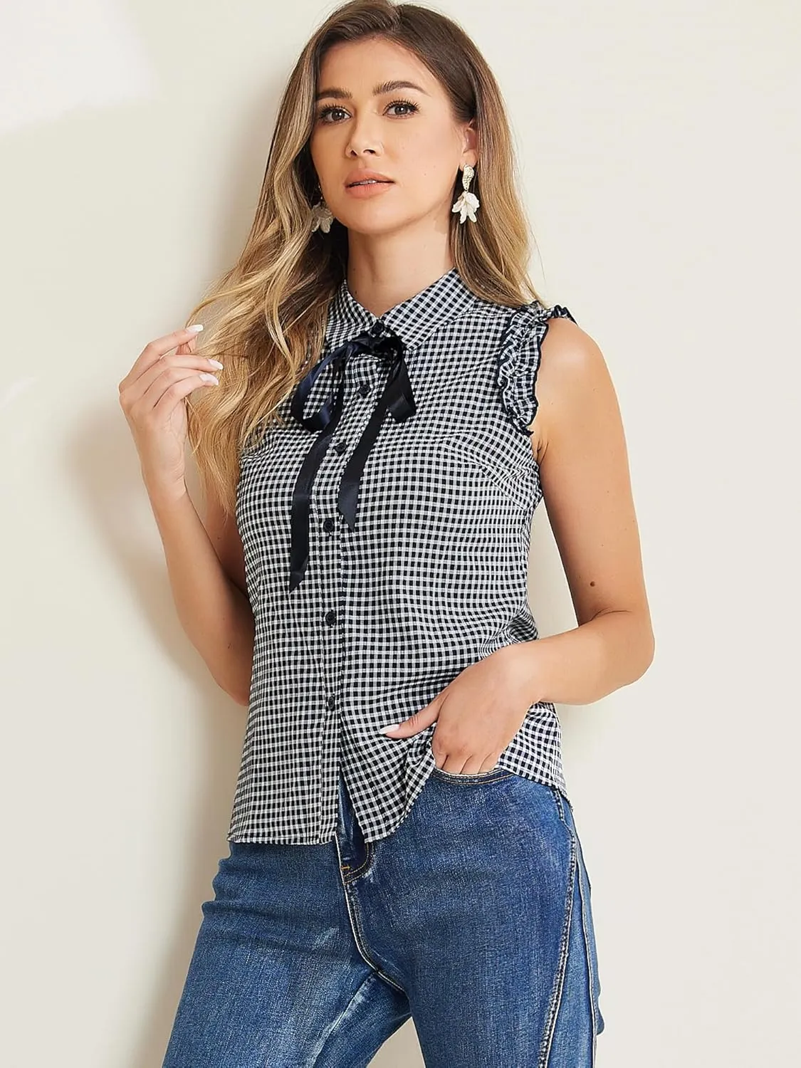 Allegra K Women's Bow Tie Neck Blouse Vintage Ruffle Sleeveless Gingham Plaid Shirt