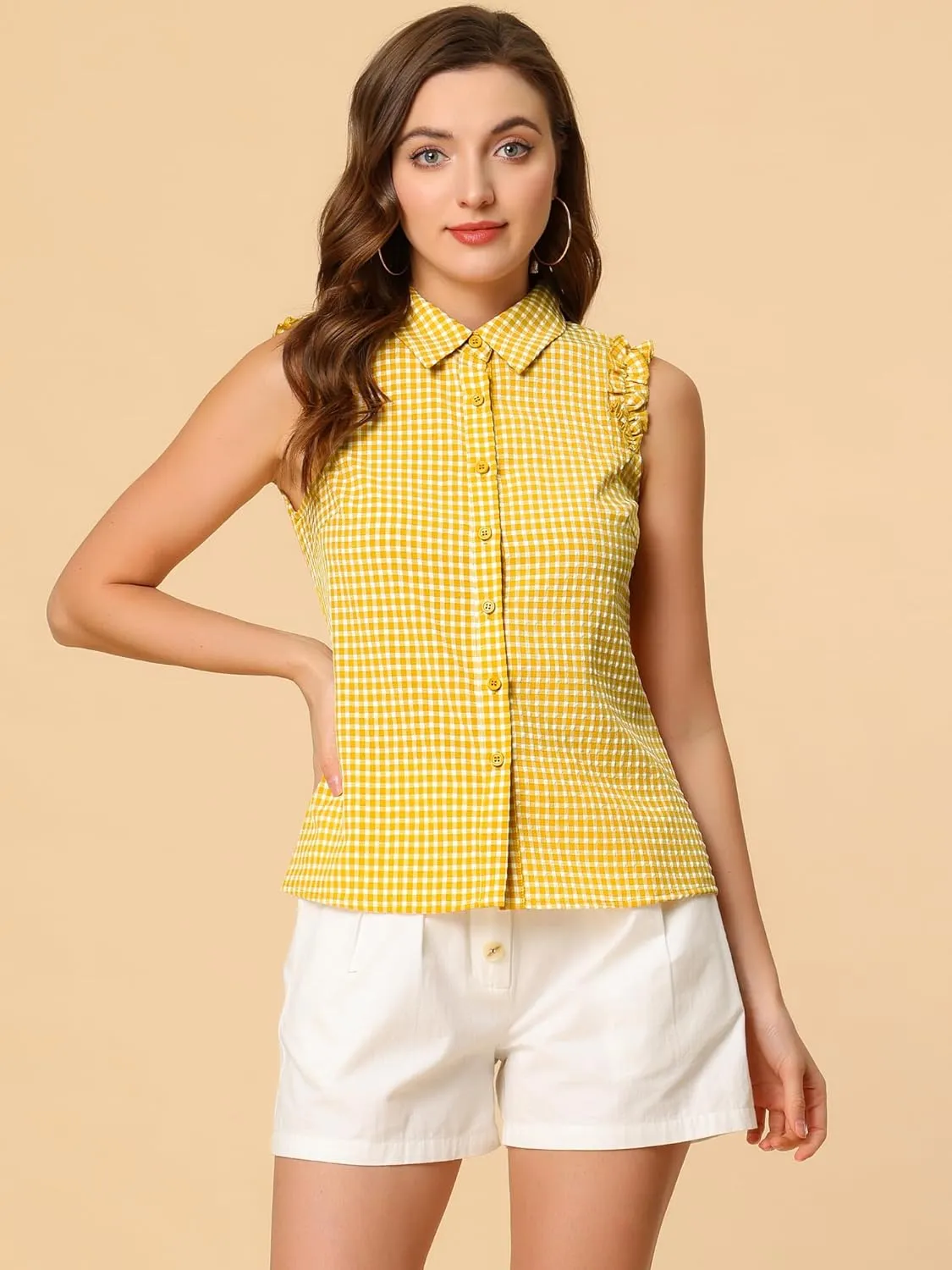 Allegra K Women's Bow Tie Neck Blouse Vintage Ruffle Sleeveless Gingham Plaid Shirt