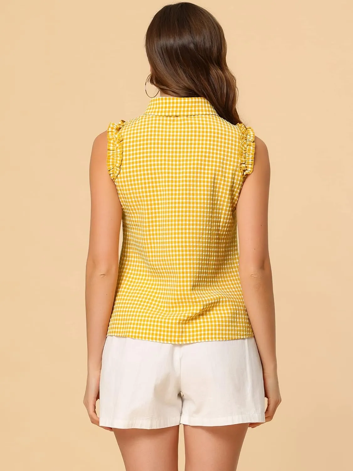 Allegra K Women's Bow Tie Neck Blouse Vintage Ruffle Sleeveless Gingham Plaid Shirt