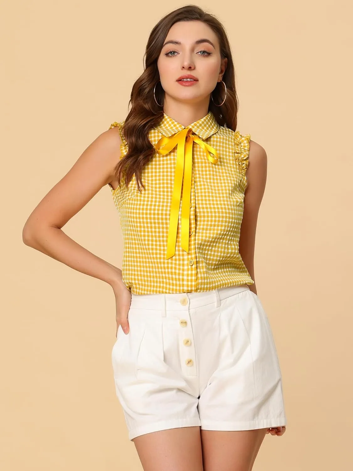 Allegra K Women's Bow Tie Neck Blouse Vintage Ruffle Sleeveless Gingham Plaid Shirt
