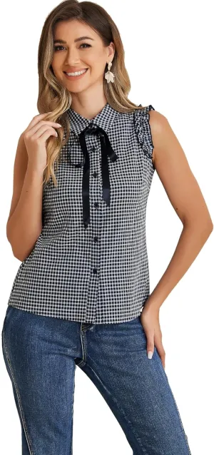 Allegra K Women's Bow Tie Neck Blouse Vintage Ruffle Sleeveless Gingham Plaid Shirt
