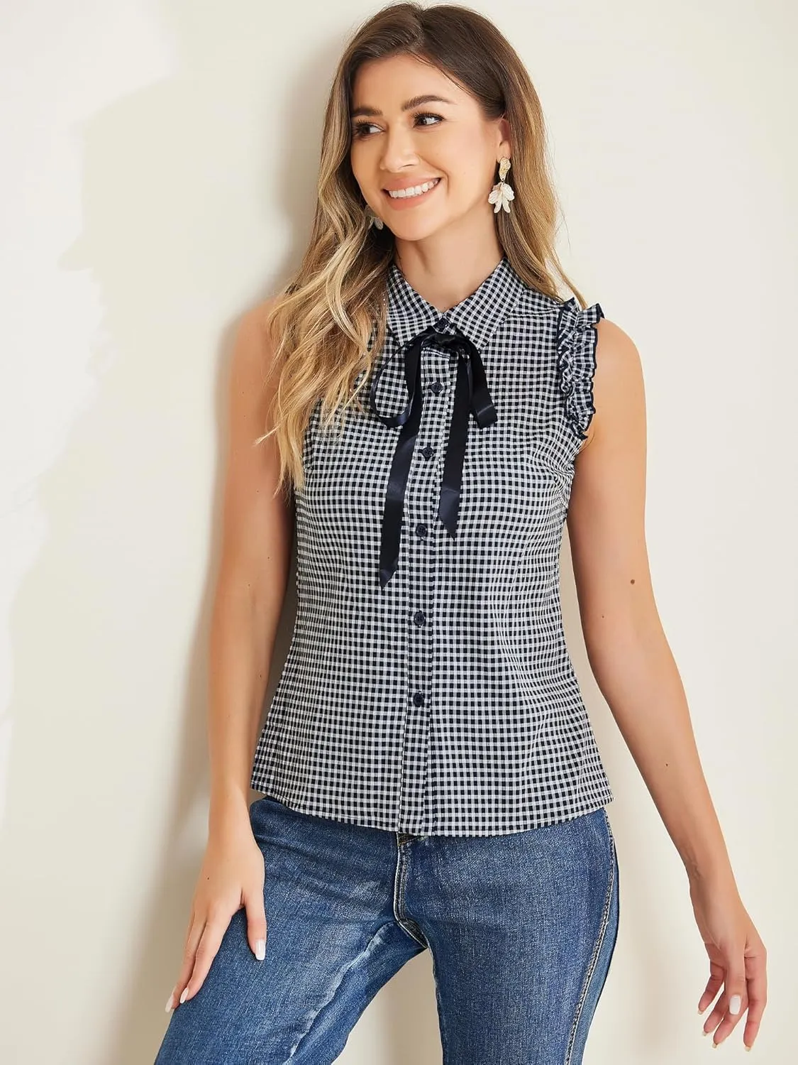 Allegra K Women's Bow Tie Neck Blouse Vintage Ruffle Sleeveless Gingham Plaid Shirt