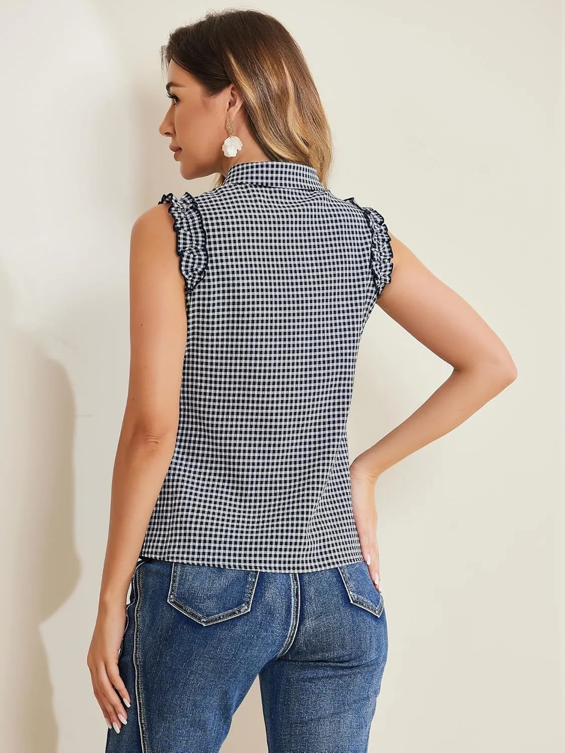 Allegra K Women's Bow Tie Neck Blouse Vintage Ruffle Sleeveless Gingham Plaid Shirt