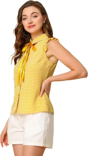 Allegra K Women's Bow Tie Neck Blouse Vintage Ruffle Sleeveless Gingham Plaid Shirt