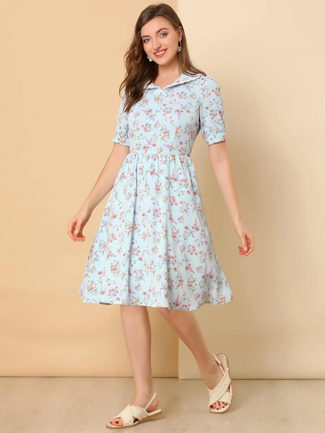 Allegra K Women's Vintage Peter Pan Collar High Waist Flowy Midi Puff Sleeve Floral Dress