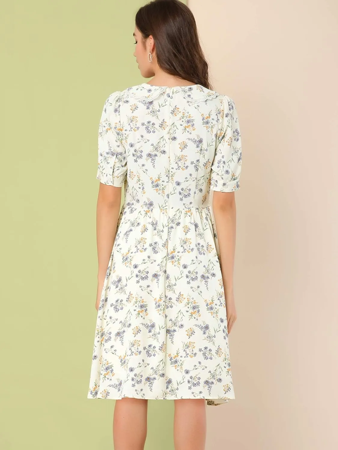 Allegra K Women's Vintage Peter Pan Collar High Waist Flowy Midi Puff Sleeve Floral Dress