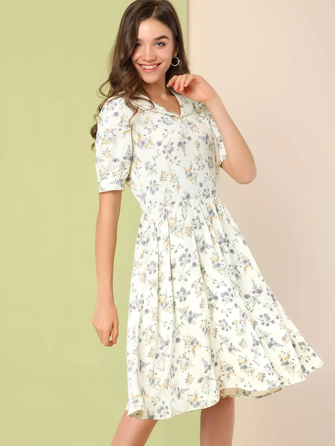 Allegra K Women's Vintage Peter Pan Collar High Waist Flowy Midi Puff Sleeve Floral Dress