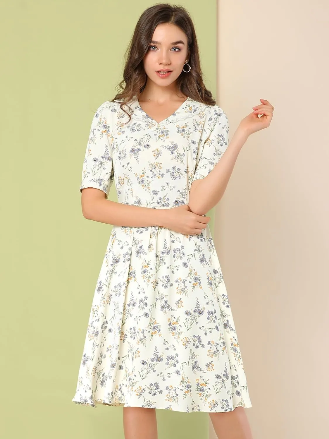 Allegra K Women's Vintage Peter Pan Collar High Waist Flowy Midi Puff Sleeve Floral Dress