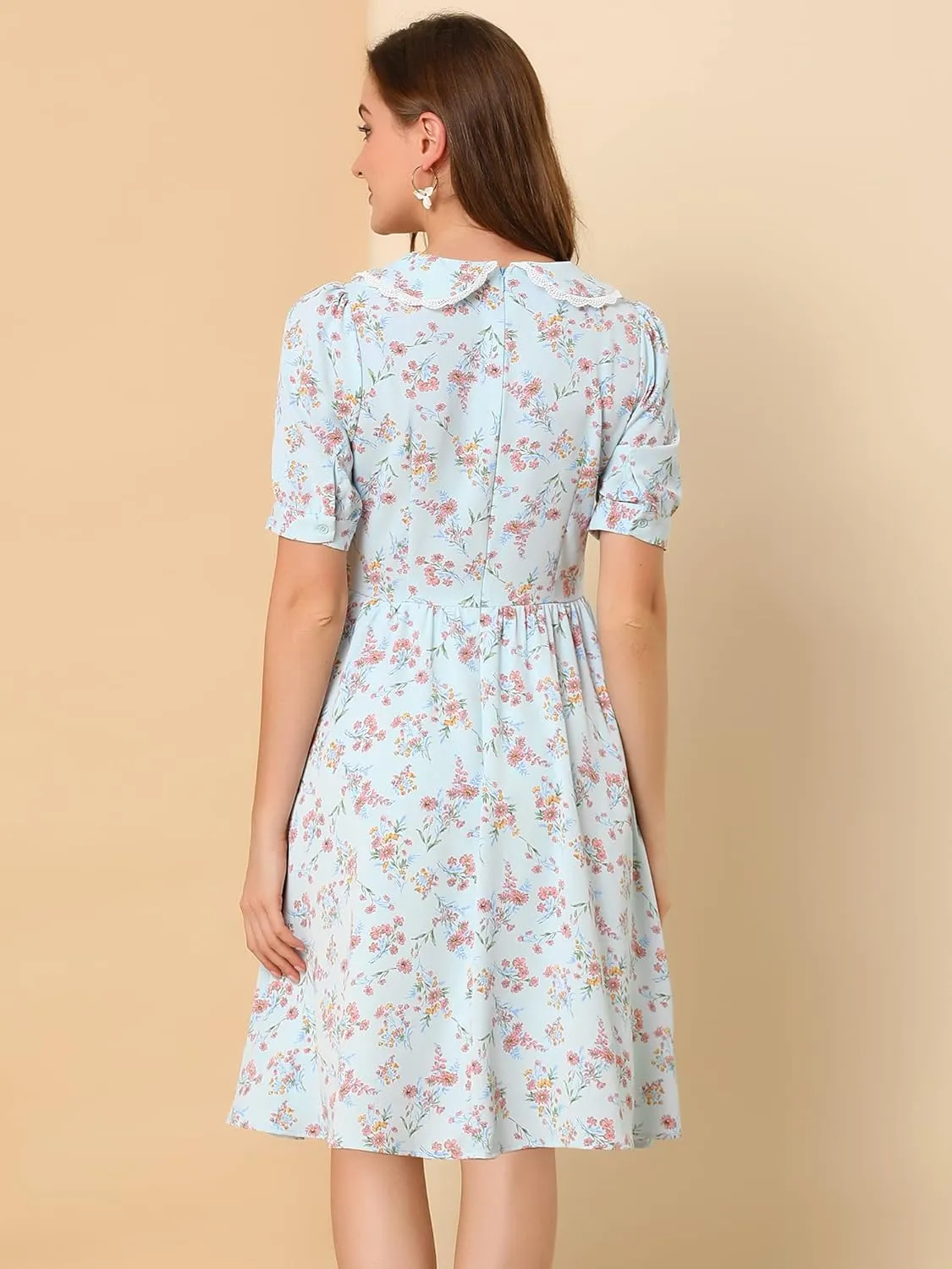 Allegra K Women's Vintage Peter Pan Collar High Waist Flowy Midi Puff Sleeve Floral Dress