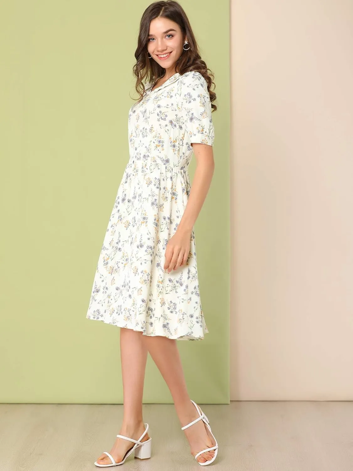 Allegra K Women's Vintage Peter Pan Collar High Waist Flowy Midi Puff Sleeve Floral Dress