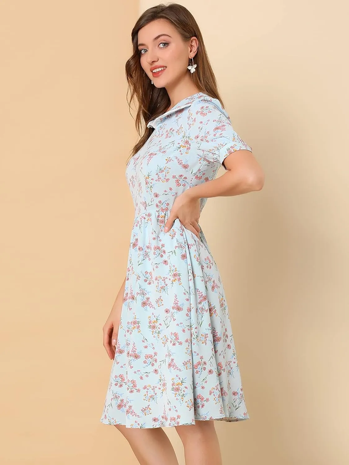 Allegra K Women's Vintage Peter Pan Collar High Waist Flowy Midi Puff Sleeve Floral Dress