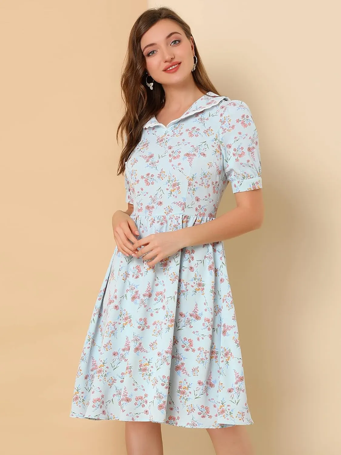 Allegra K Women's Vintage Peter Pan Collar High Waist Flowy Midi Puff Sleeve Floral Dress