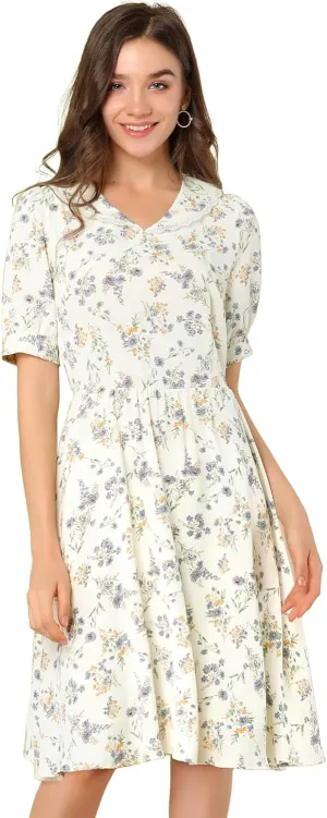 Allegra K Women's Vintage Peter Pan Collar High Waist Flowy Midi Puff Sleeve Floral Dress