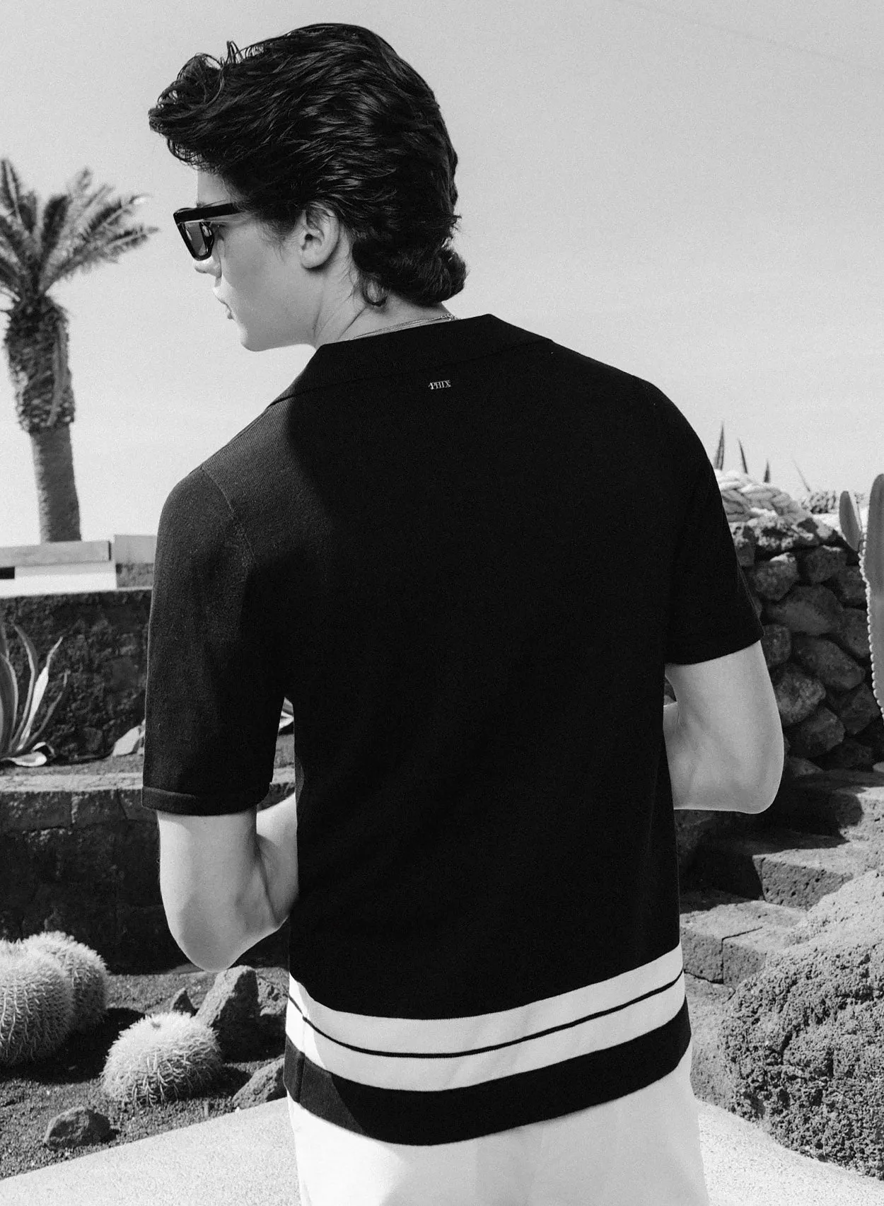 Black 50's Cuban Shirt with White Stripe Border