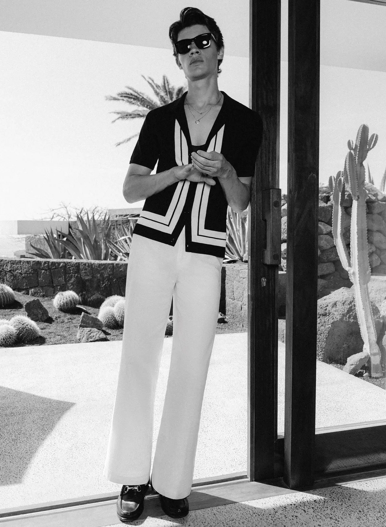 Black 50's Cuban Shirt with White Stripe Border