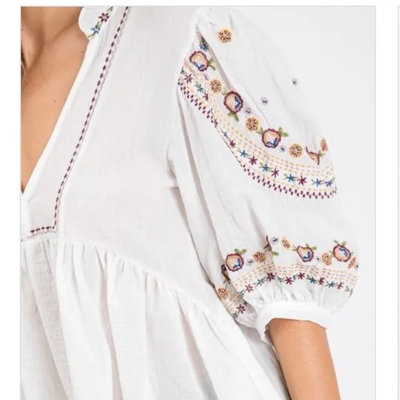 Boho Vintage Embroidered White Peasant Blouse Casual Womens