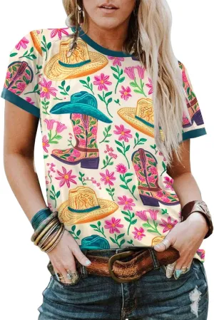 Boho Western Cowgirl Shirts for Women: Vintage Western Rodeo Graphic Tee Cowgirl 3D Digital Printing Short Sleeve Tops
