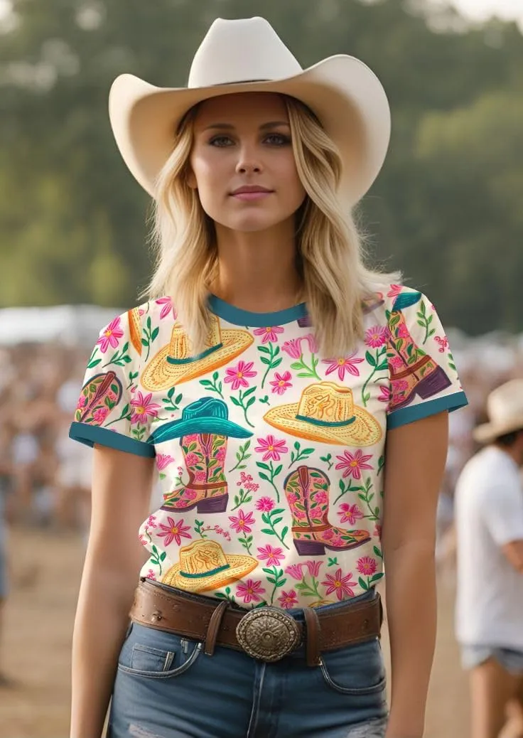 Boho Western Cowgirl Shirts for Women: Vintage Western Rodeo Graphic Tee Cowgirl 3D Digital Printing Short Sleeve Tops