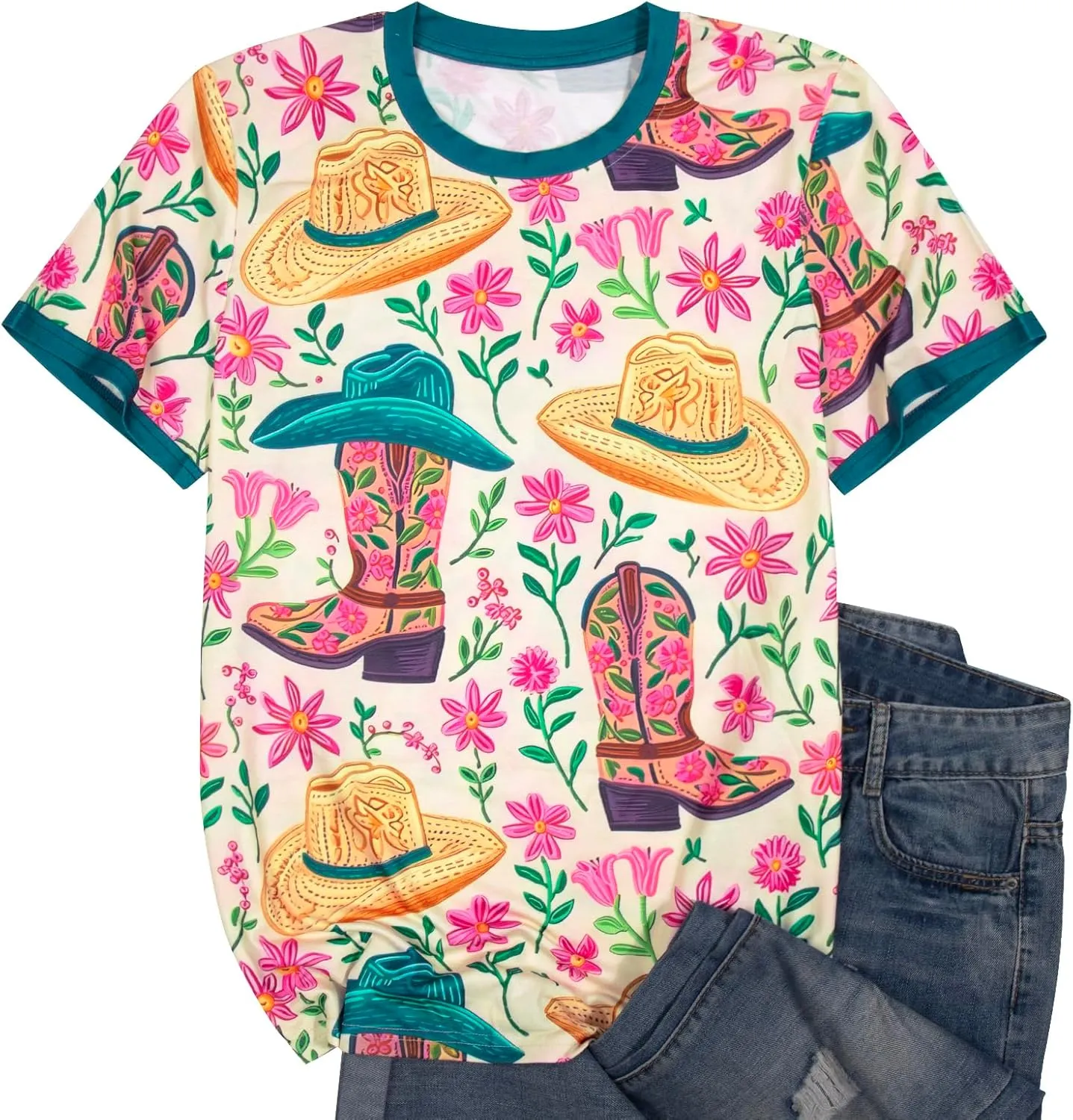 Boho Western Cowgirl Shirts for Women: Vintage Western Rodeo Graphic Tee Cowgirl 3D Digital Printing Short Sleeve Tops