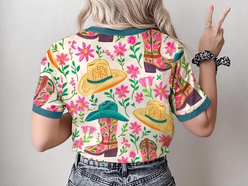 Boho Western Cowgirl Shirts for Women: Vintage Western Rodeo Graphic Tee Cowgirl 3D Digital Printing Short Sleeve Tops