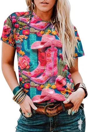 Boho Western Cowgirl Shirts for Women: Vintage Western Rodeo Graphic Tee Cowgirl 3D Digital Printing Short Sleeve Tops