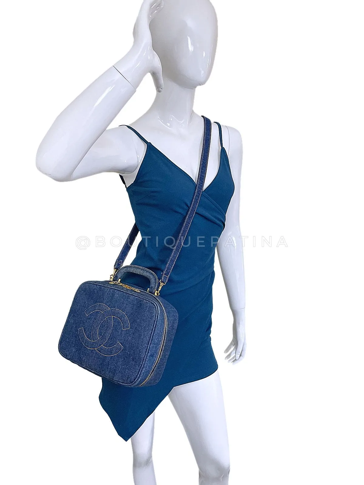Chanel 1997 Vintage Blue Denim "Lunch Box" Vanity Timeless Logo Bag PIQ