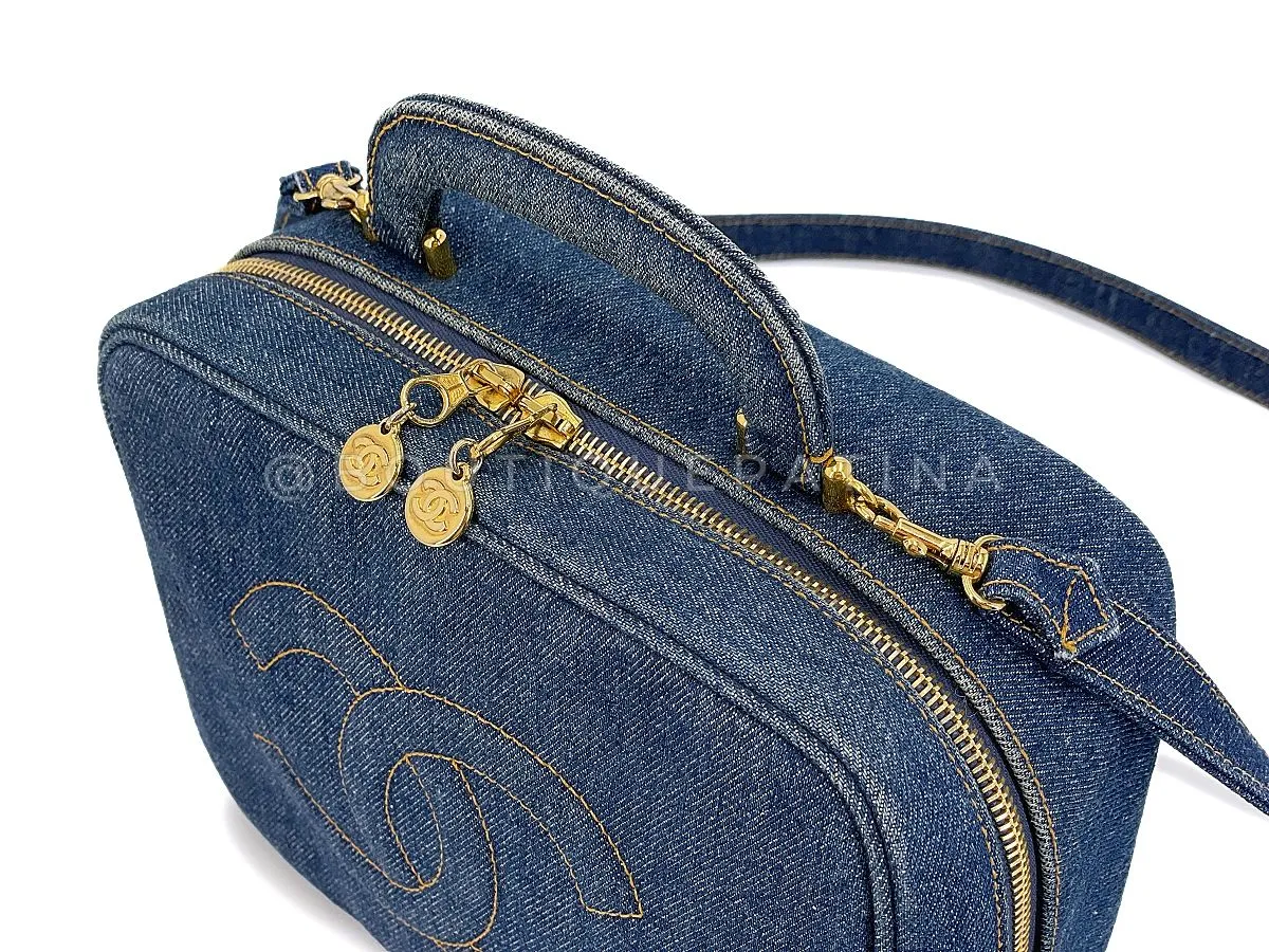 Chanel 1997 Vintage Blue Denim "Lunch Box" Vanity Timeless Logo Bag PIQ