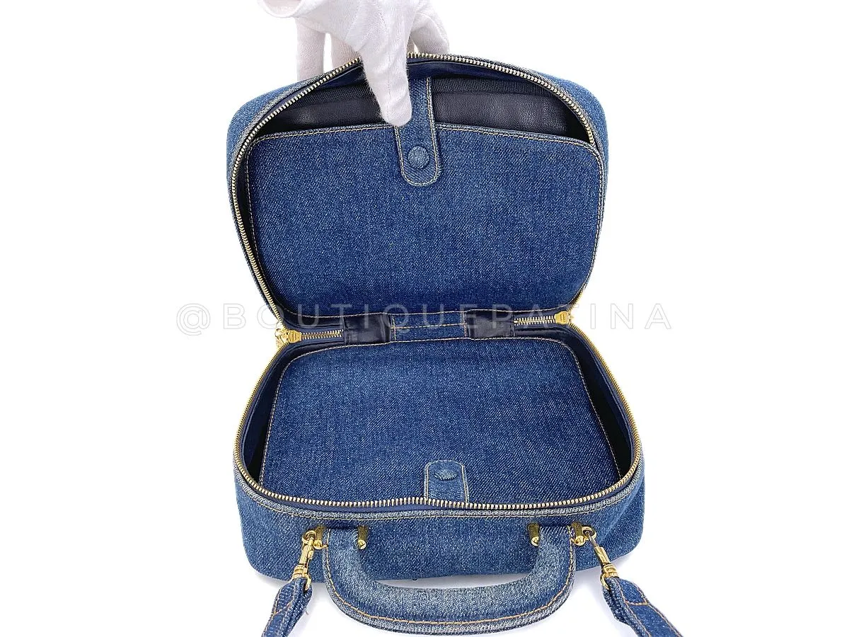 Chanel 1997 Vintage Blue Denim "Lunch Box" Vanity Timeless Logo Bag PIQ