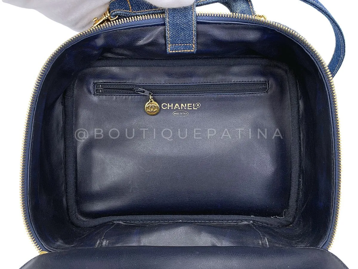 Chanel 1997 Vintage Blue Denim "Lunch Box" Vanity Timeless Logo Bag PIQ