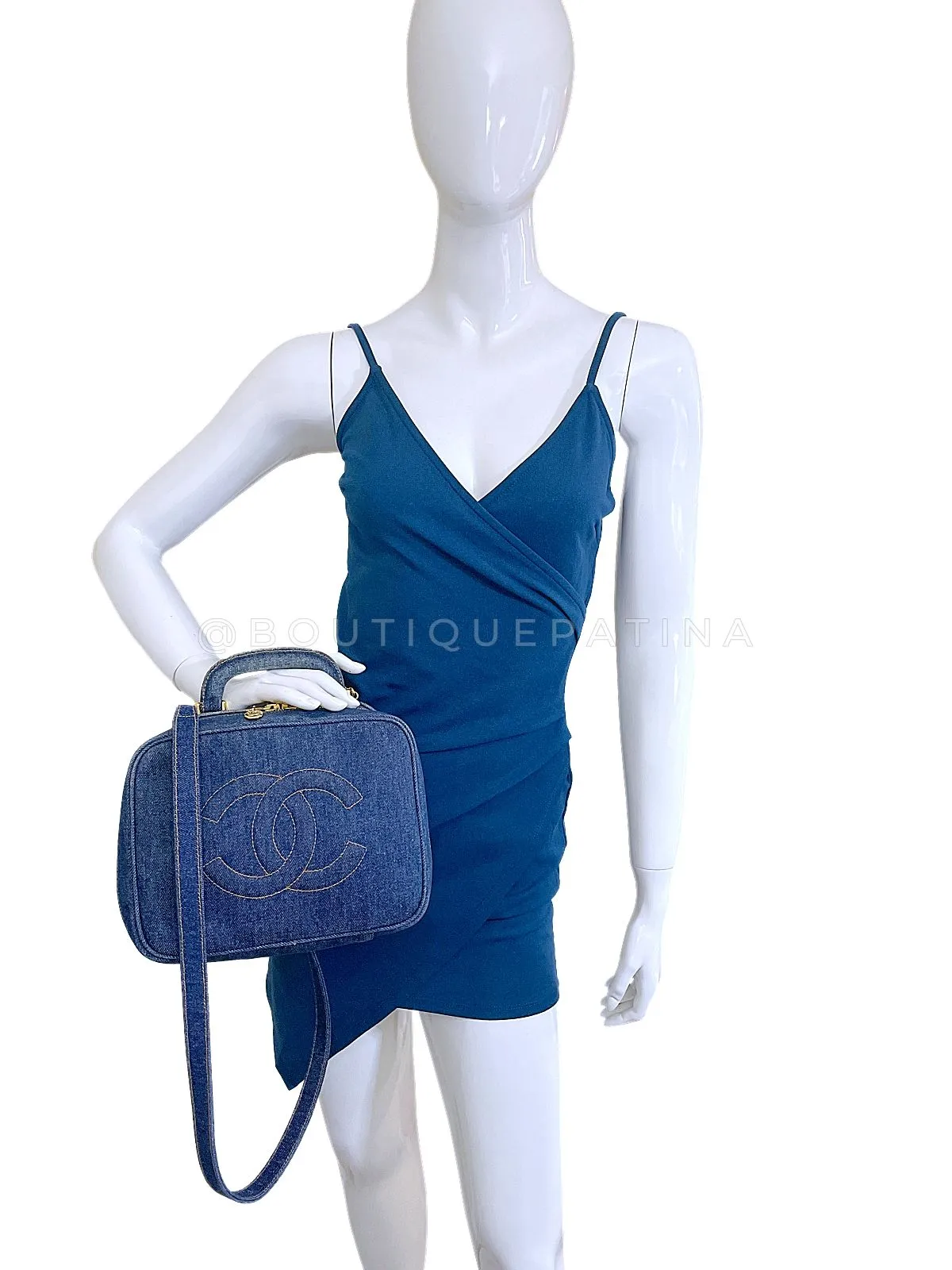 Chanel 1997 Vintage Blue Denim "Lunch Box" Vanity Timeless Logo Bag PIQ