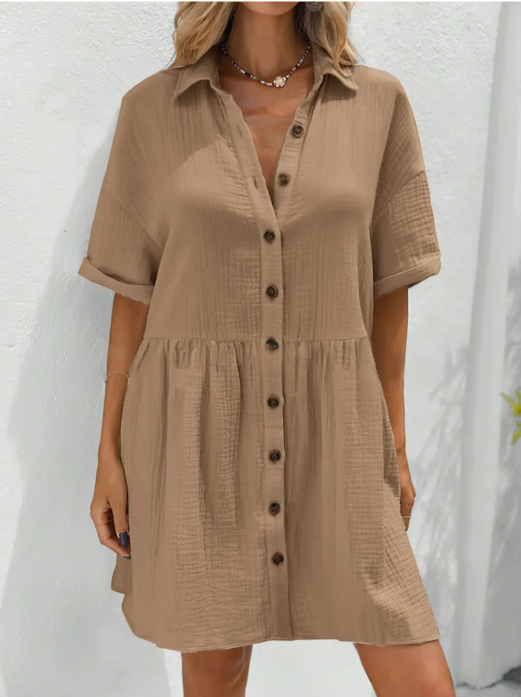 chouyatou Women's Casual Short Sleeve Button Down Mini Shirt Dress Cotton Babydoll Tunic Loose Beach Dress