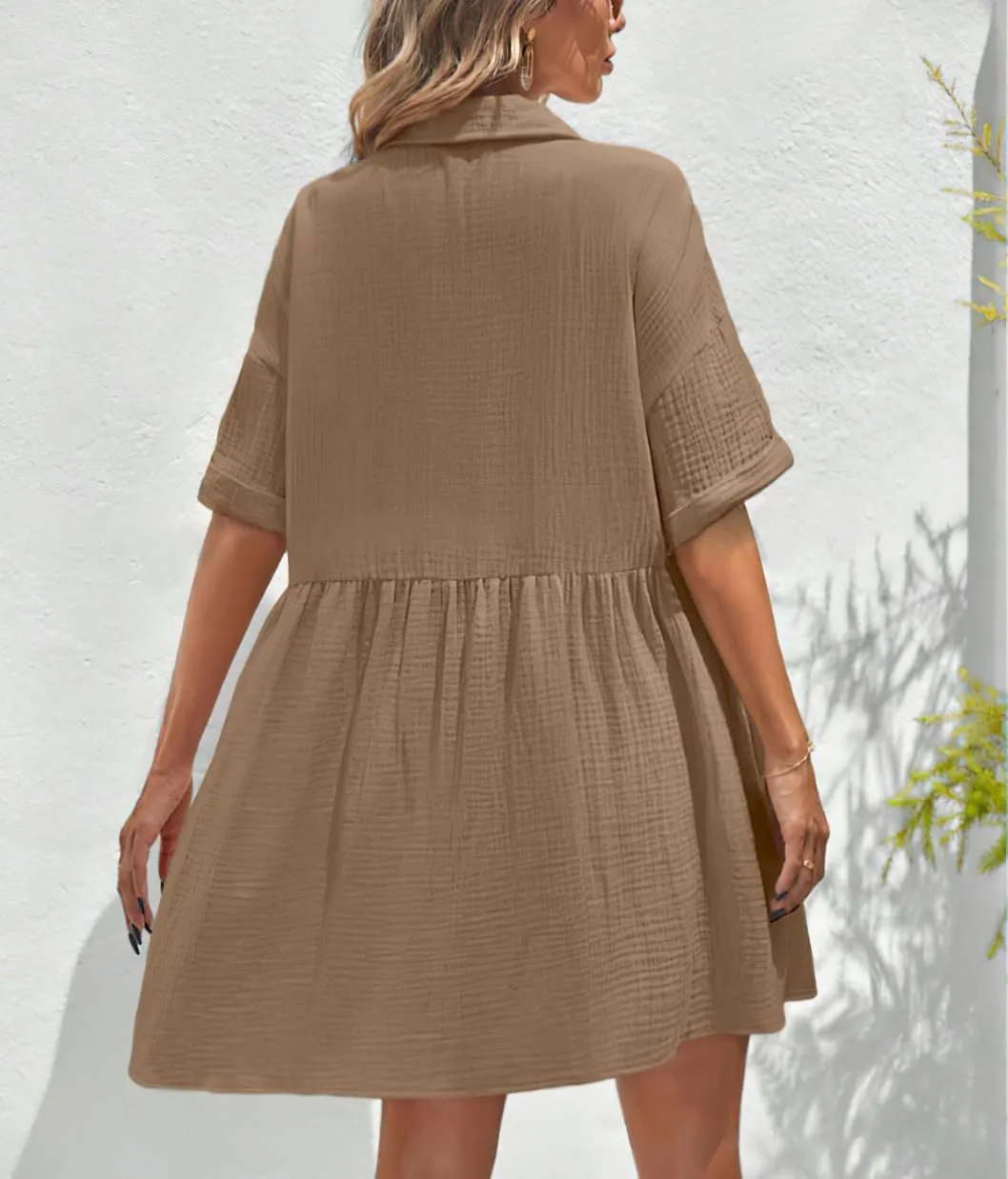 chouyatou Women's Casual Short Sleeve Button Down Mini Shirt Dress Cotton Babydoll Tunic Loose Beach Dress