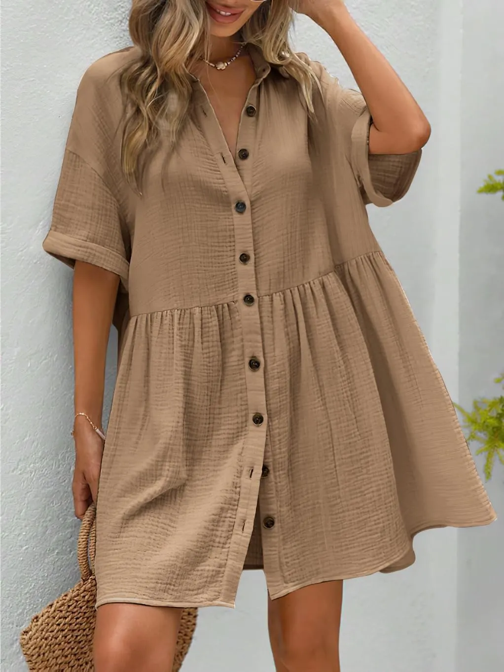 chouyatou Women's Casual Short Sleeve Button Down Mini Shirt Dress Cotton Babydoll Tunic Loose Beach Dress