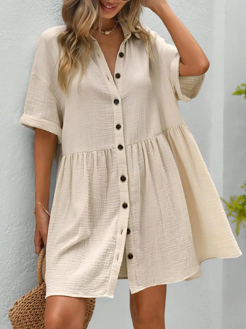 chouyatou Women's Casual Short Sleeve Button Down Mini Shirt Dress Cotton Babydoll Tunic Loose Beach Dress
