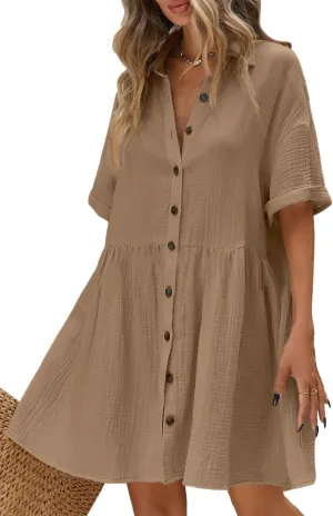 chouyatou Women's Casual Short Sleeve Button Down Mini Shirt Dress Cotton Babydoll Tunic Loose Beach Dress