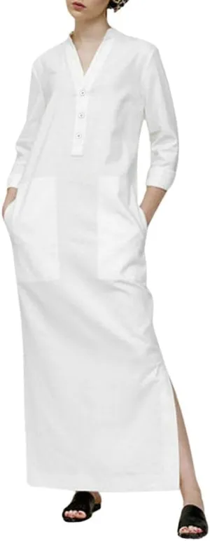 chouyatou Women's Cotton Linen Button Up Maxi Shirt Dress Side Slit Long Sleeve Shift Dress with Pockets