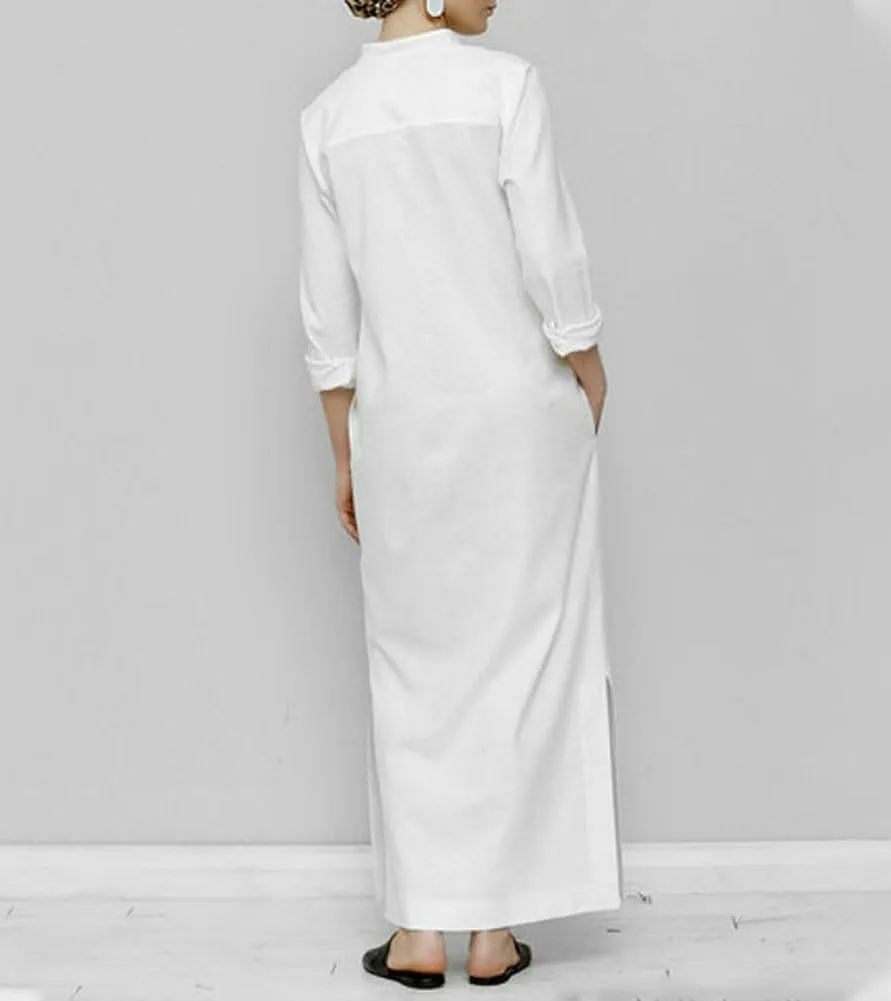 chouyatou Women's Cotton Linen Button Up Maxi Shirt Dress Side Slit Long Sleeve Shift Dress with Pockets