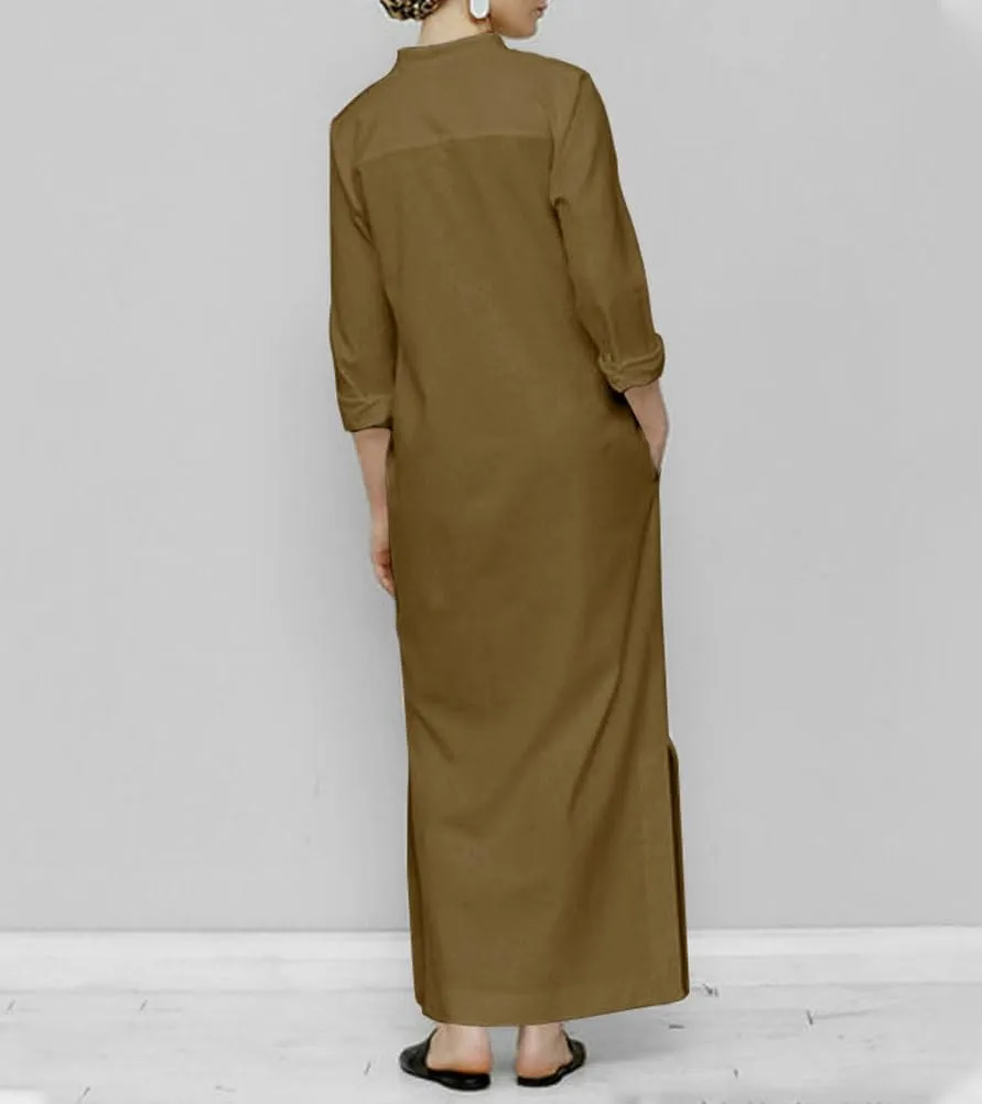 chouyatou Women's Cotton Linen Button Up Maxi Shirt Dress Side Slit Long Sleeve Shift Dress with Pockets