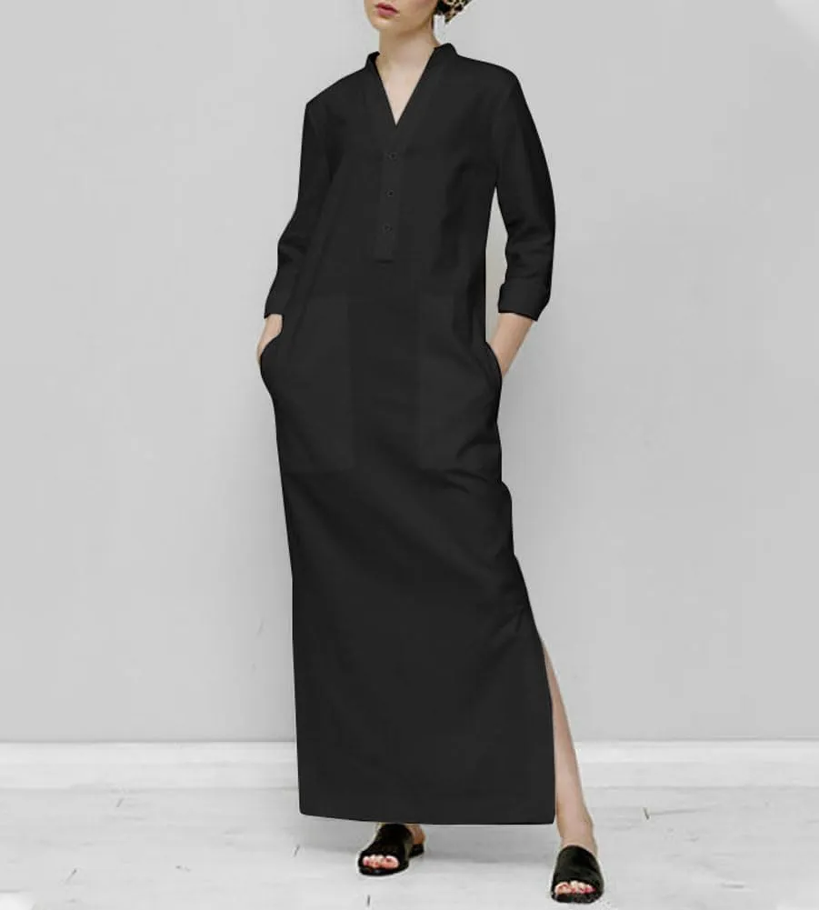 chouyatou Women's Cotton Linen Button Up Maxi Shirt Dress Side Slit Long Sleeve Shift Dress with Pockets