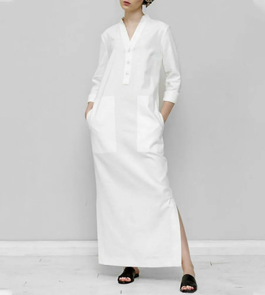 chouyatou Women's Cotton Linen Button Up Maxi Shirt Dress Side Slit Long Sleeve Shift Dress with Pockets