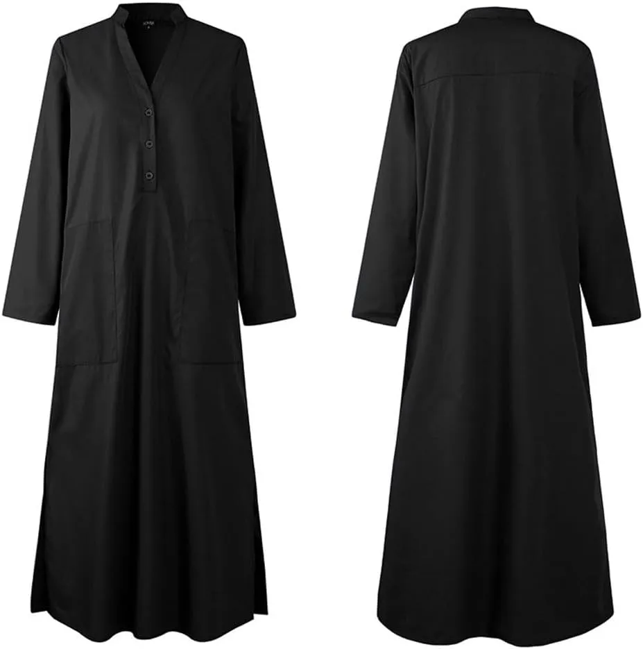 chouyatou Women's Cotton Linen Button Up Maxi Shirt Dress Side Slit Long Sleeve Shift Dress with Pockets