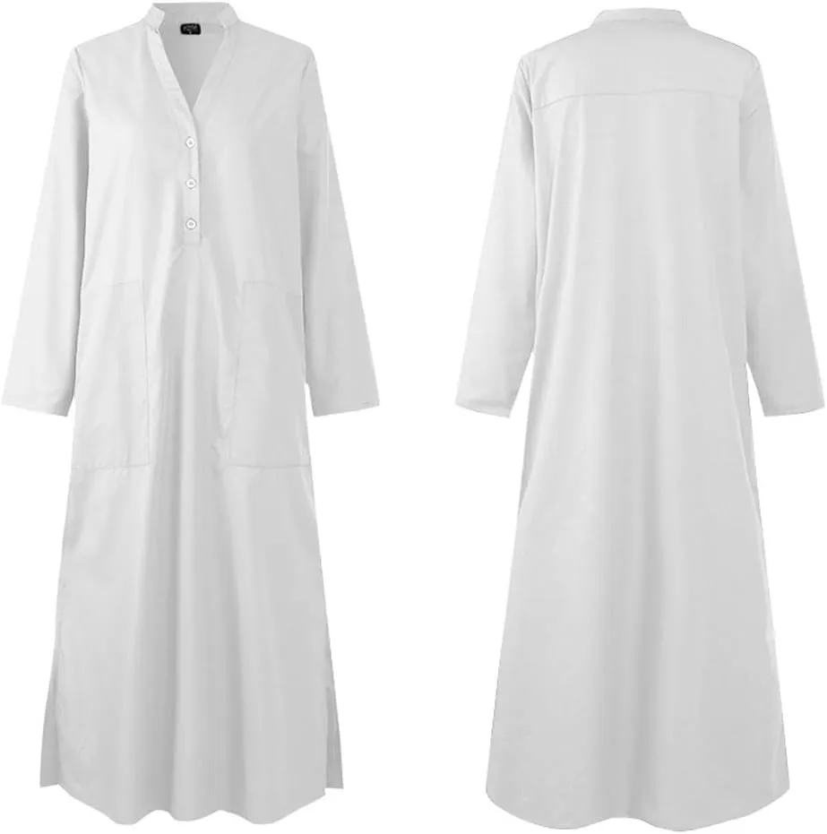 chouyatou Women's Cotton Linen Button Up Maxi Shirt Dress Side Slit Long Sleeve Shift Dress with Pockets
