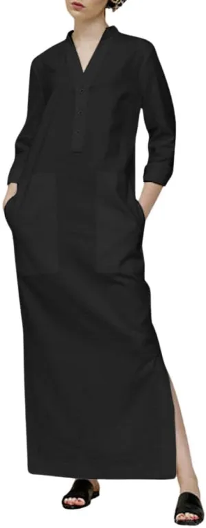 chouyatou Women's Cotton Linen Button Up Maxi Shirt Dress Side Slit Long Sleeve Shift Dress with Pockets