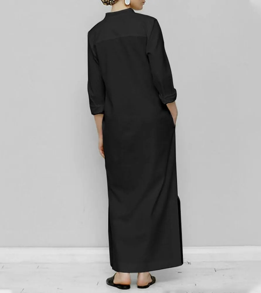 chouyatou Women's Cotton Linen Button Up Maxi Shirt Dress Side Slit Long Sleeve Shift Dress with Pockets