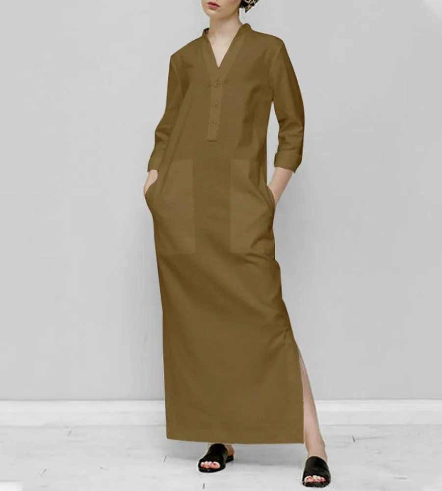 chouyatou Women's Cotton Linen Button Up Maxi Shirt Dress Side Slit Long Sleeve Shift Dress with Pockets