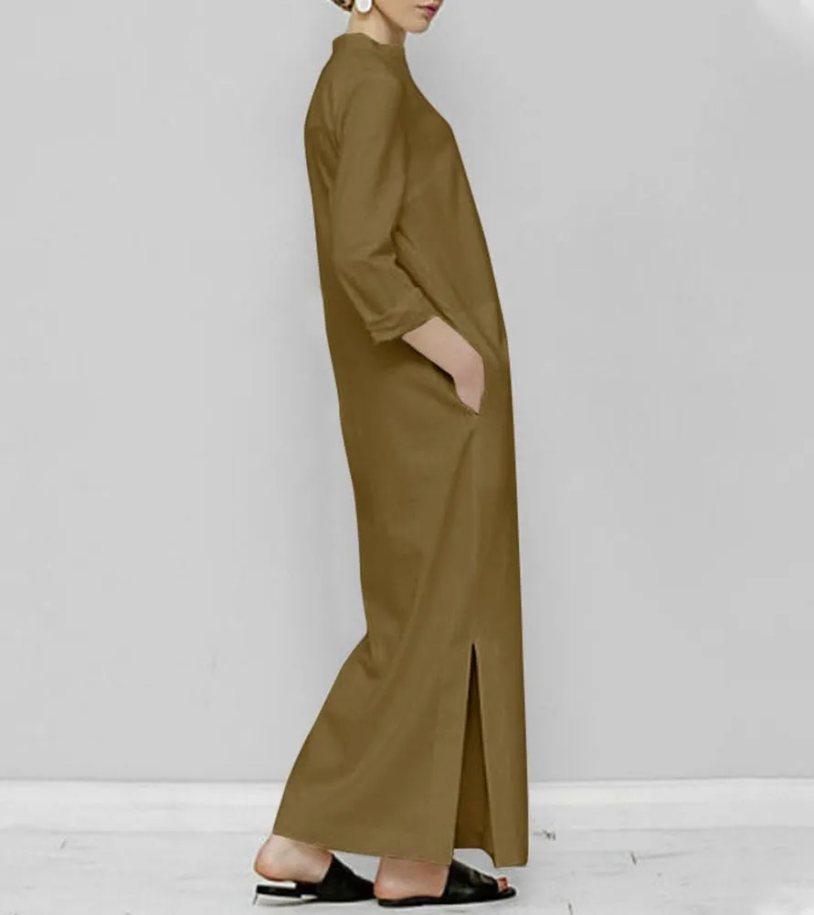 chouyatou Women's Cotton Linen Button Up Maxi Shirt Dress Side Slit Long Sleeve Shift Dress with Pockets
