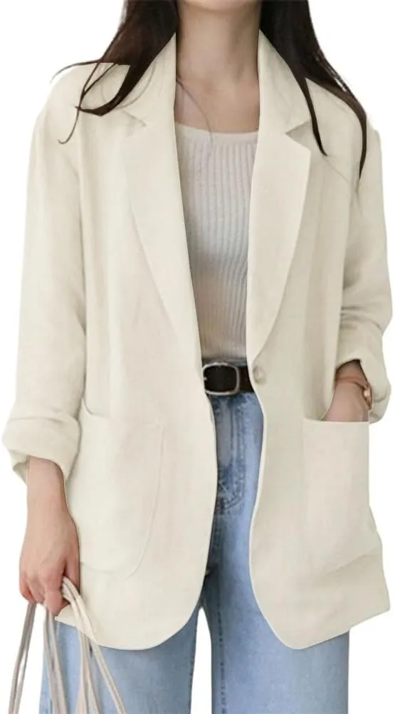 chouyatou Women's Cotton Linen One Button Office Blazer Long Sleeve Business Casual Jacket Outwear Coat