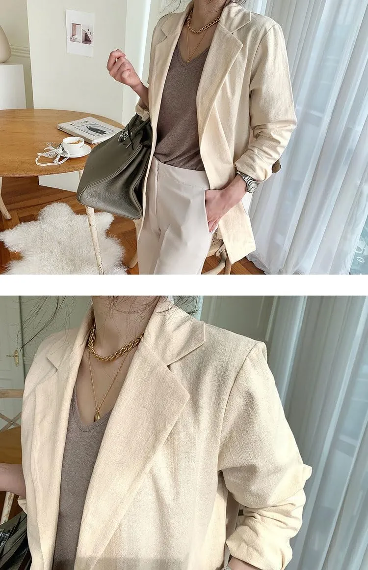 chouyatou Women's Cotton Linen One Button Office Blazer Long Sleeve Business Casual Jacket Outwear Coat